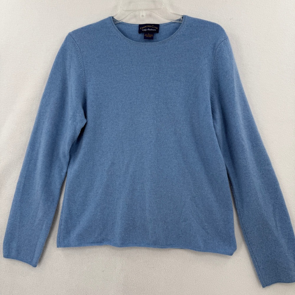 Charter Club Sweater Women Large Blue 100% 2-Ply Cashmere Crewneck Long Sleeve